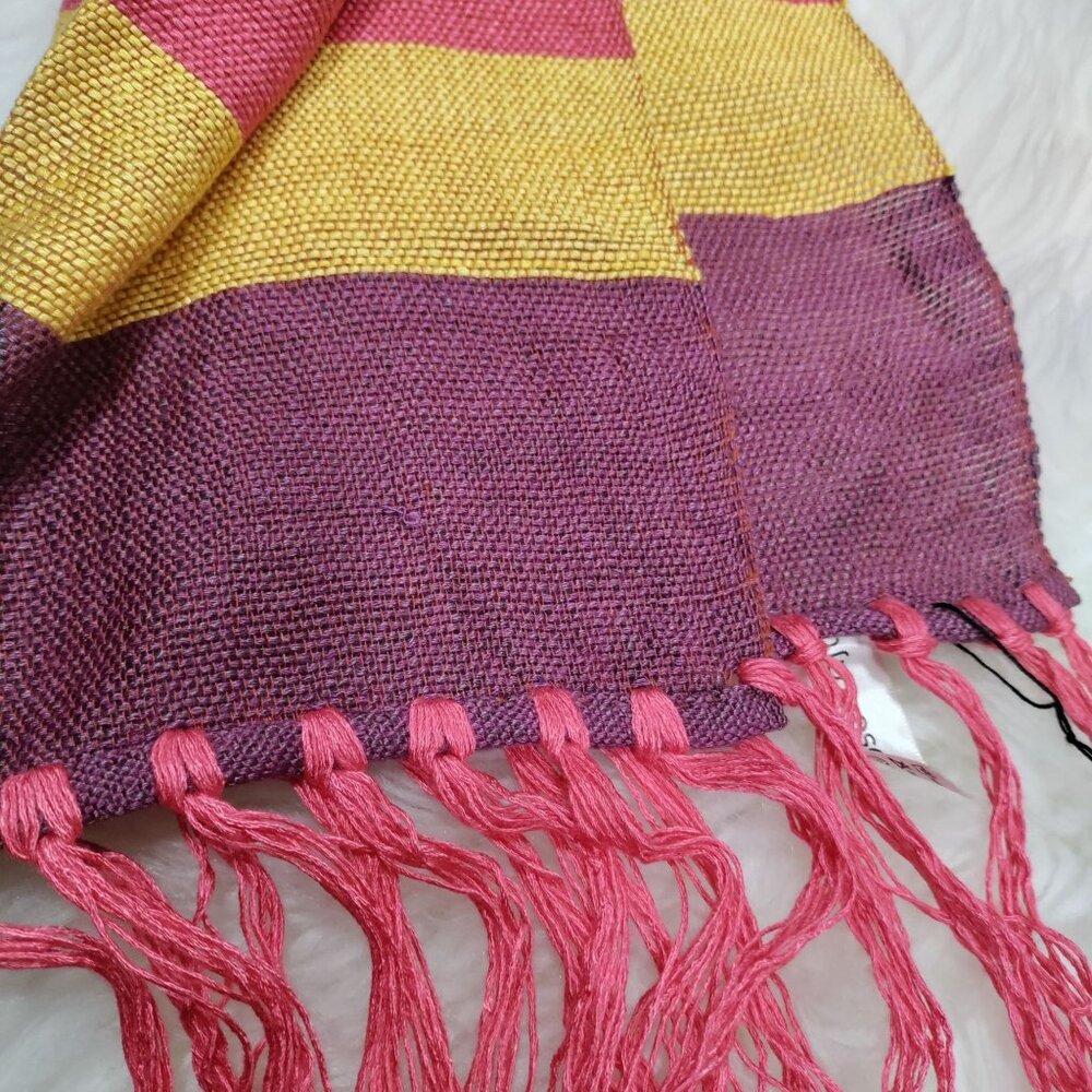 Rosecarft Pure Bamboo Handmade Handwoven Pink Purple Yellow Striped Fringe Scarf - Picture 6 of 10